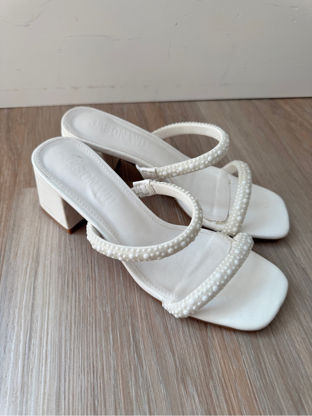 Jason Wu Ivory Pearl Beaded Double Strap Block Heel Sandals Women’s 7 Wedding